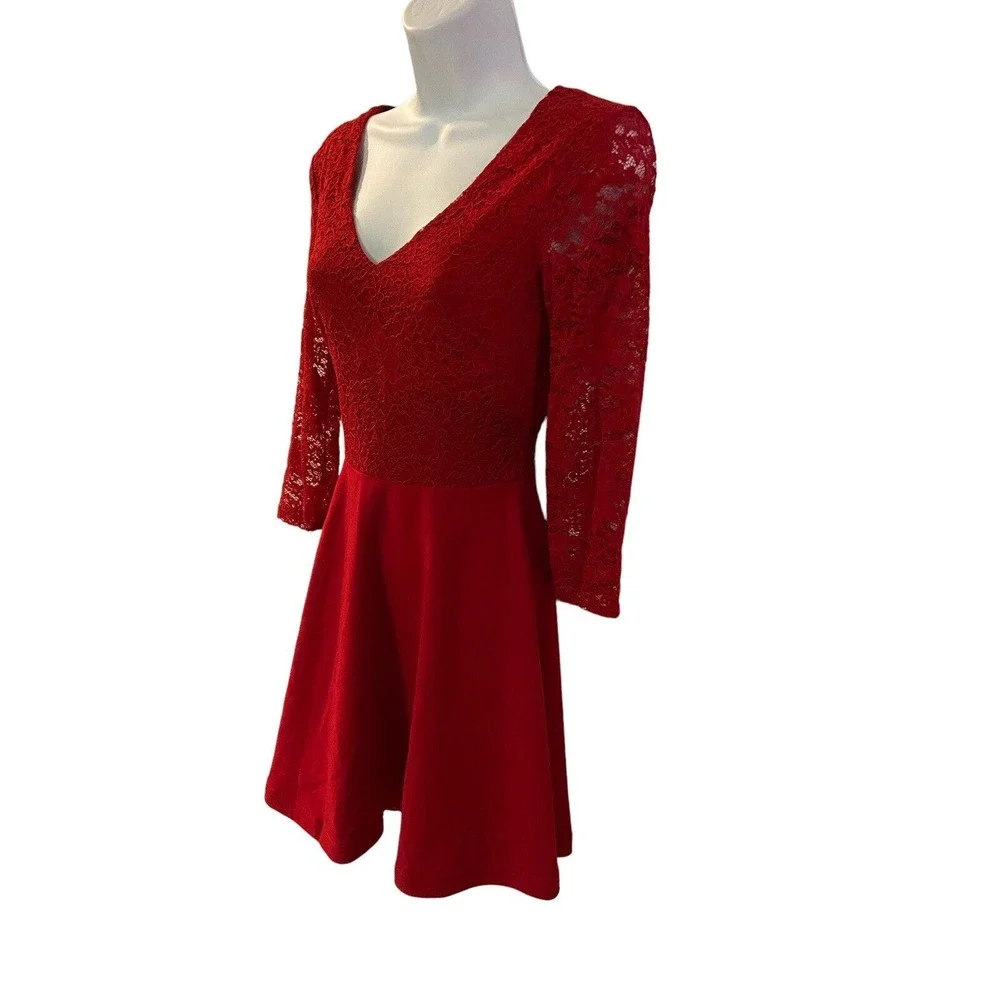 B. Darlin Lace Crepe Ruby Red Bow Back Skater Cocktail Party Bow Back Mini Dress - Picture 7 of 15